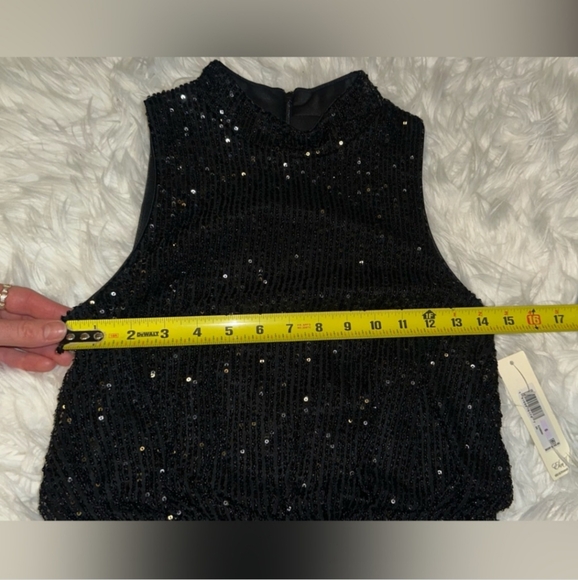 Eliza J Sequin Mock Neck Sleeveless BlousonFeather Trim Sheath Dress,  Size 6 - Picture 4 of 9